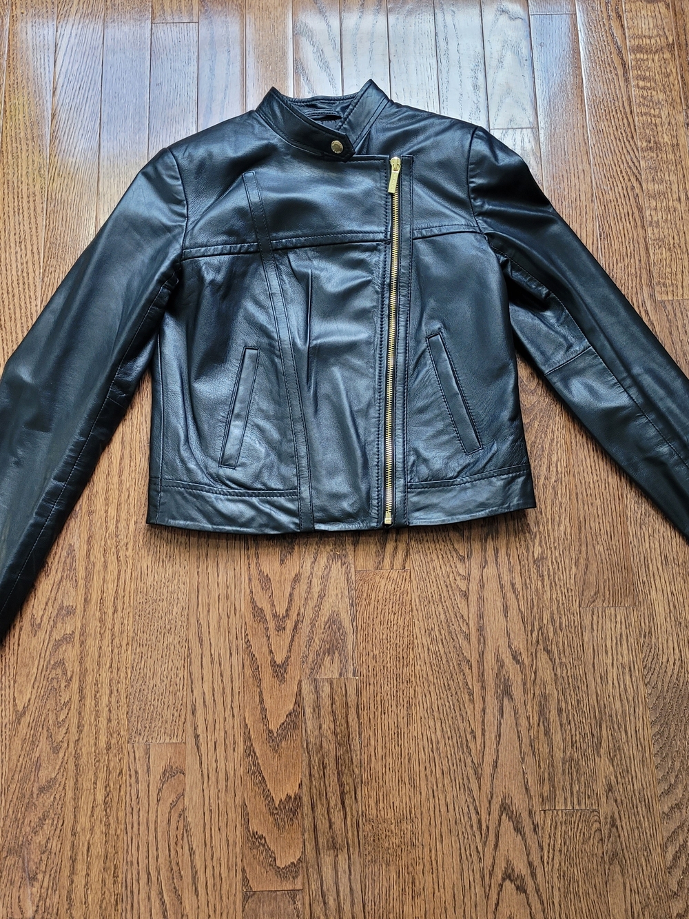 Michael Kors Black Leather Asymmetrical Zip Jacket with Gold Hardware